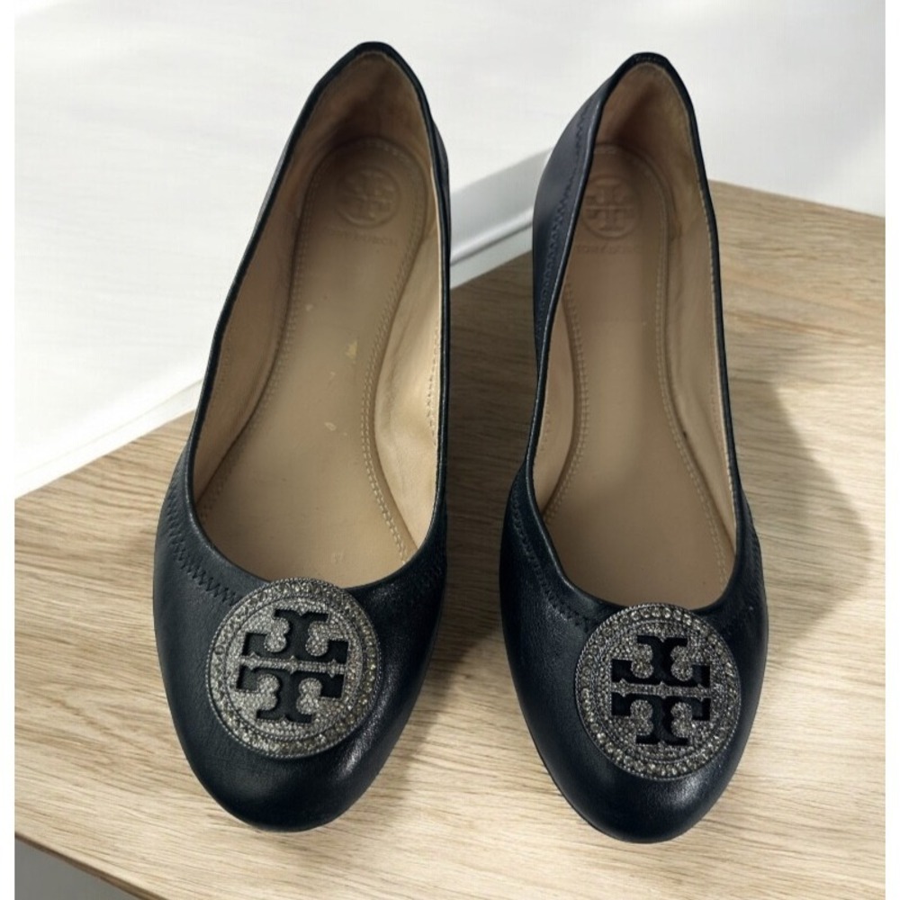 Tory Burch Liana Rhinestone Jewel Embellished Ballet Flats Black Leather Sz 6.5 - Picture 2 of 16